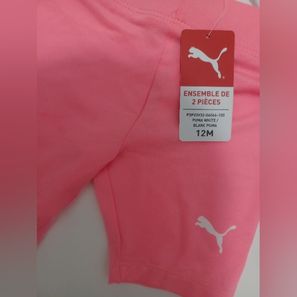 Puma Kids Girl 2 Pcs Brand Logo Tee and Shorts Set, White/Neon Pink Size 12M - Picture 9 of 11